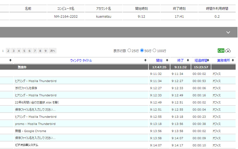 PCの操作ログを表示